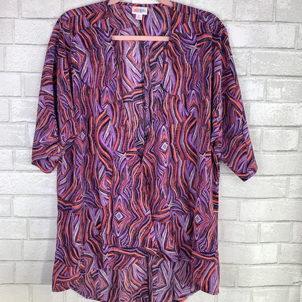 LuLaRoe Lindsay Kimono Cover Up Cardigan Sheer Purple Disco 70s Vibes Print